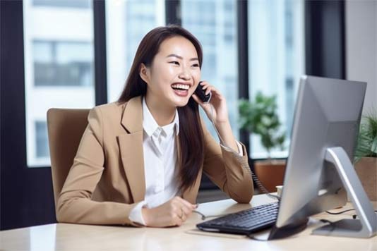 Smiling Businesswoman at Her Desktop Computer While Talking On Phone